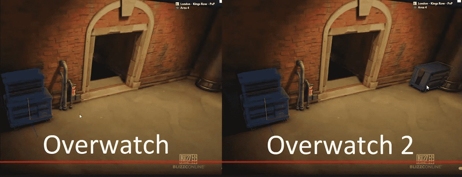 Side by side screenshots of an open door with some boxes and pipes outside, one labeled Overwatch and one labeled Overwatch 2.