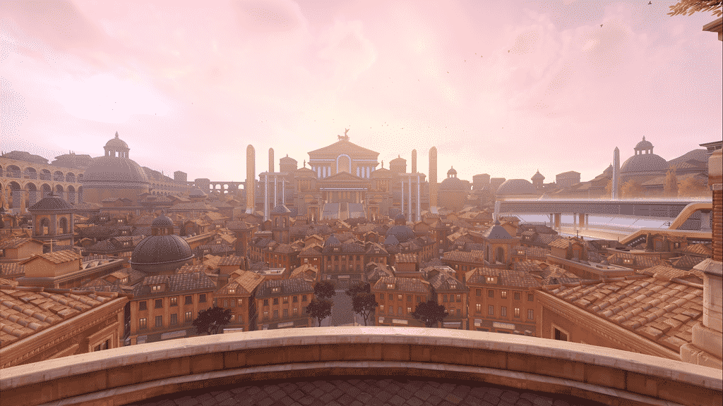 A wide shot of an old Roman city appears in Overwatch 2 with a large castle in the background and the sun bright behind it