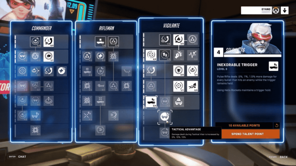 A screenshot from the hero progression screen from Overwatch with a picture of bearded Soldier:76 in a small box