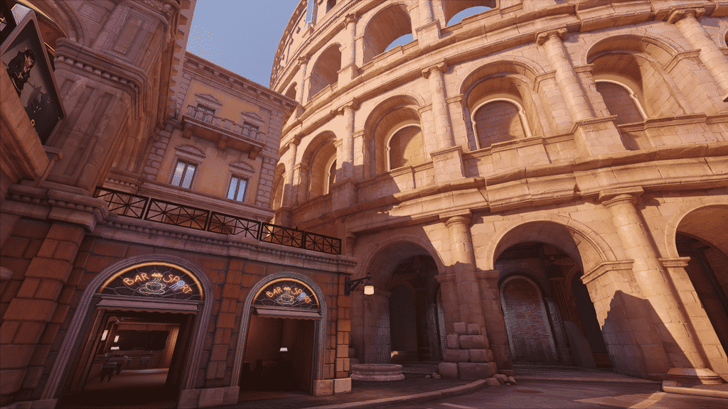 A small cafe with neon signs is tucked away between Roman aqueducts and old buildings in Overwatch 2