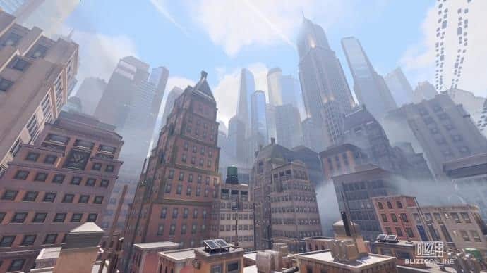 A New York City skyline appears in Overwatch two with buildings towering above and a clear sky