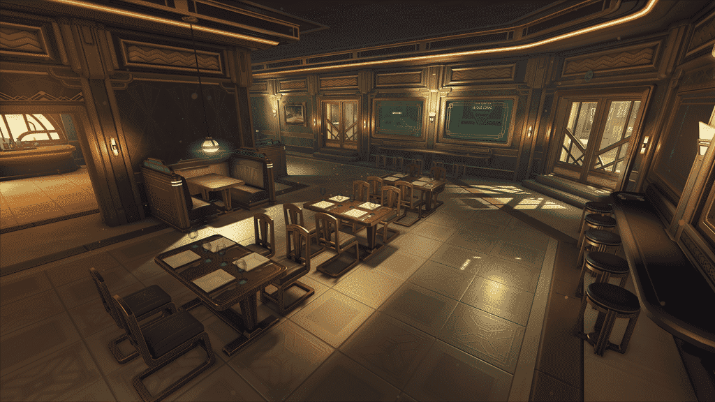 A modern dining/sitting area is shown with dim lighting and a futuristic design from a map in Overwatch 2.