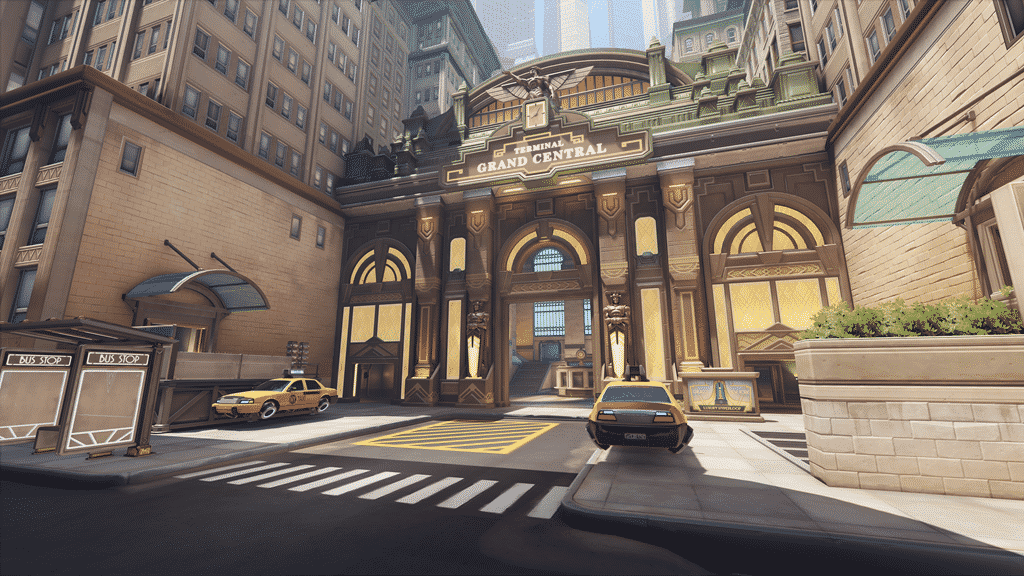 A screenshot from a map in Overwatch showing New York City's Grand Central station with a few cars outside