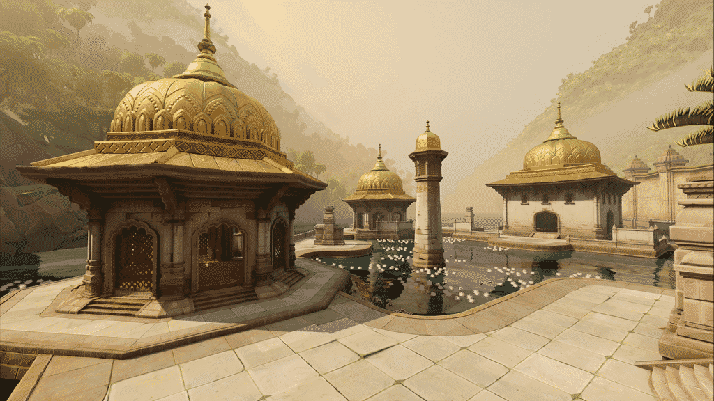 A screenshot from a new Overwatch map showing golden domed pavilions in Indian design with a pool between them filled with floating flowers