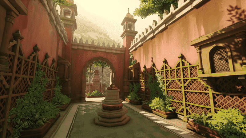 A screenshot from a new Overwatch map showing an alleyway in an Indian themed area with a fountain and greenery