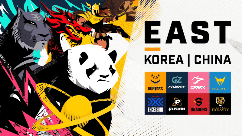 Mascots from Korean and Chinese based Overwatch League teams pounce into action on one half of the image. On the other half is the text "East Korea | China" and logos for the Chengdu Hunters, Guangzhou Charge, Hangzhou Spark, NY Excelsior, Philadelphia Fusion, Shanghai Dragons and Seoul Dynasty