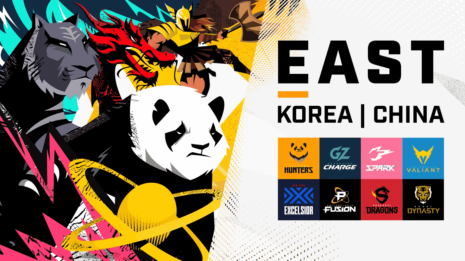 Mascots from Korean and Chinese based Overwatch League teams pounce into action on one half of the image. On the other half is the text "East Korea | China" and logos for the Chengdu Hunters, Guangzhou Charge, Hangzhou Spark, NY Excelsior, Philadelphia Fusion, Shanghai Dragons and Seoul Dynasty
