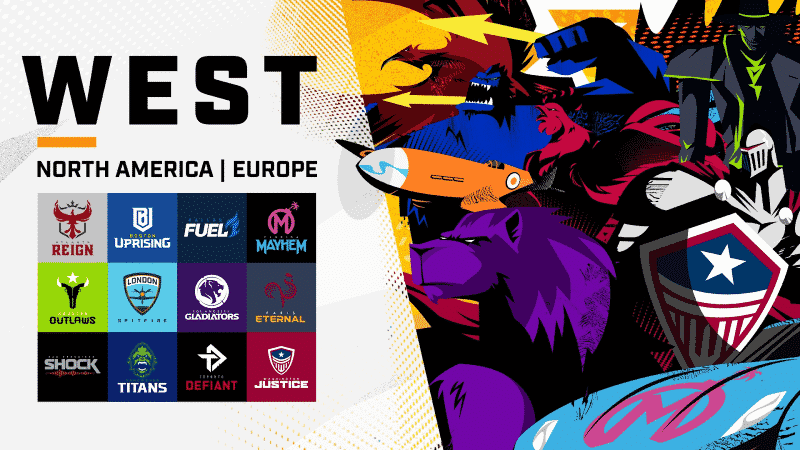 The mascots for various Overwatch League teams jump into action on one half of the image. On the other half are the words "East North America | Europe" with the Atlanta Reign, Boston Uprising, Dallas Fuel, Florida Mayhem, Houston Outlaws, London Spitfire, LA Gladiators, Paris Eternal, Philadelphia Shock, Vancouver Titans, Toronto Defiant and Washington Justice logos