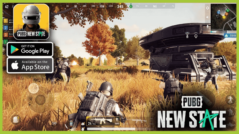 An in-game screenshot from the upcoming PUBG New State mobile game, showing a player controlling a soldier with others nearby. The Google Play and App Store logos appear on the side