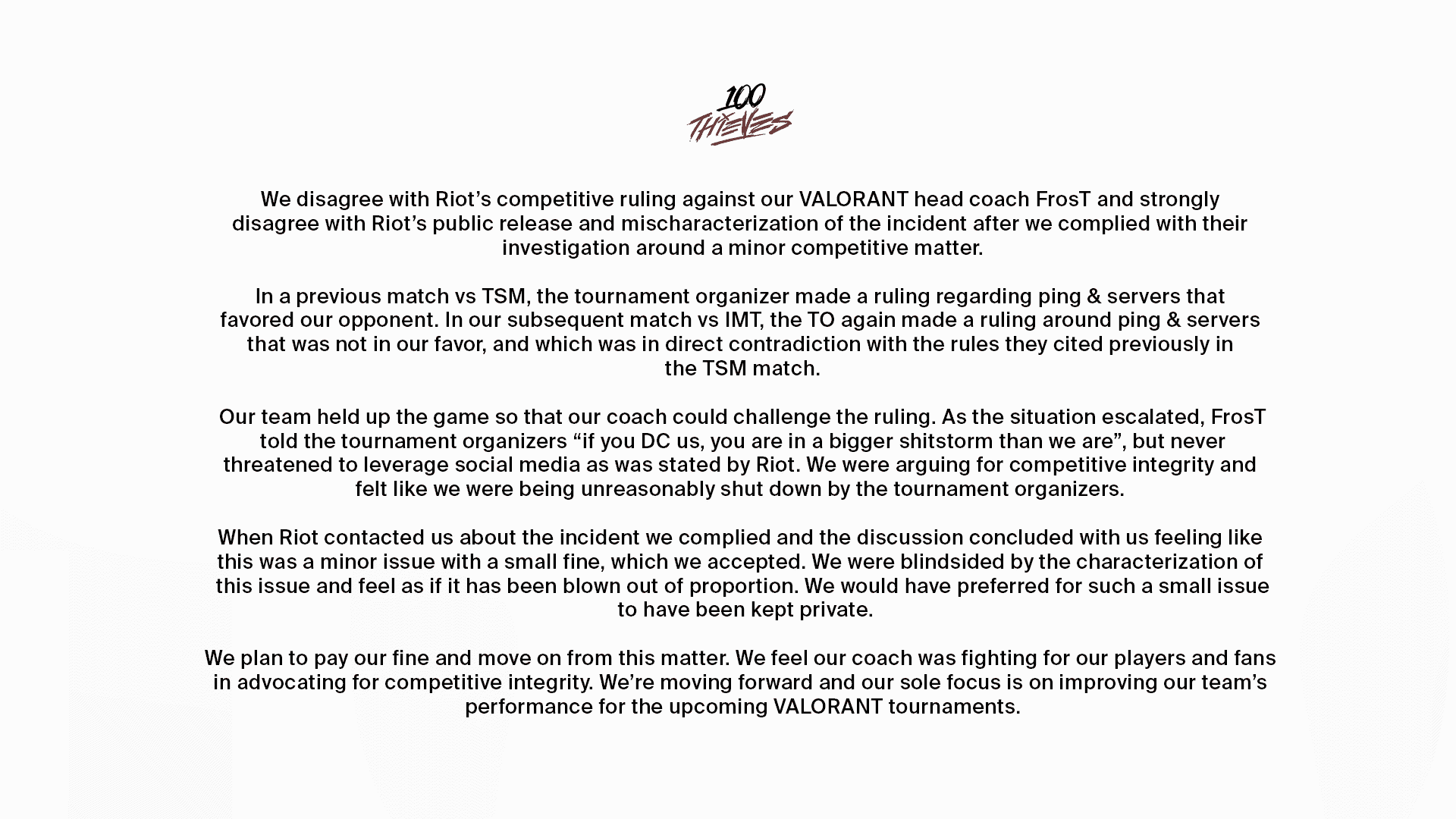 100 Thieves Statement