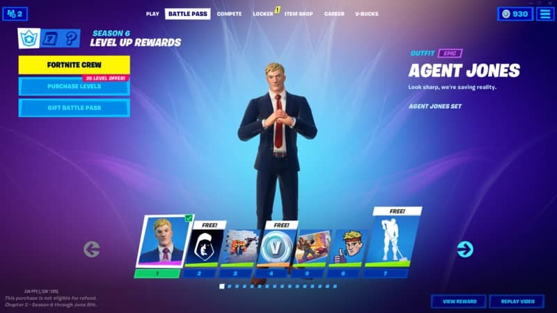A screenshot from Fortnite on the Battle Pass section with a few different boxes showing different selections. The new Agent Jonesy skin stands in the middle of the image.