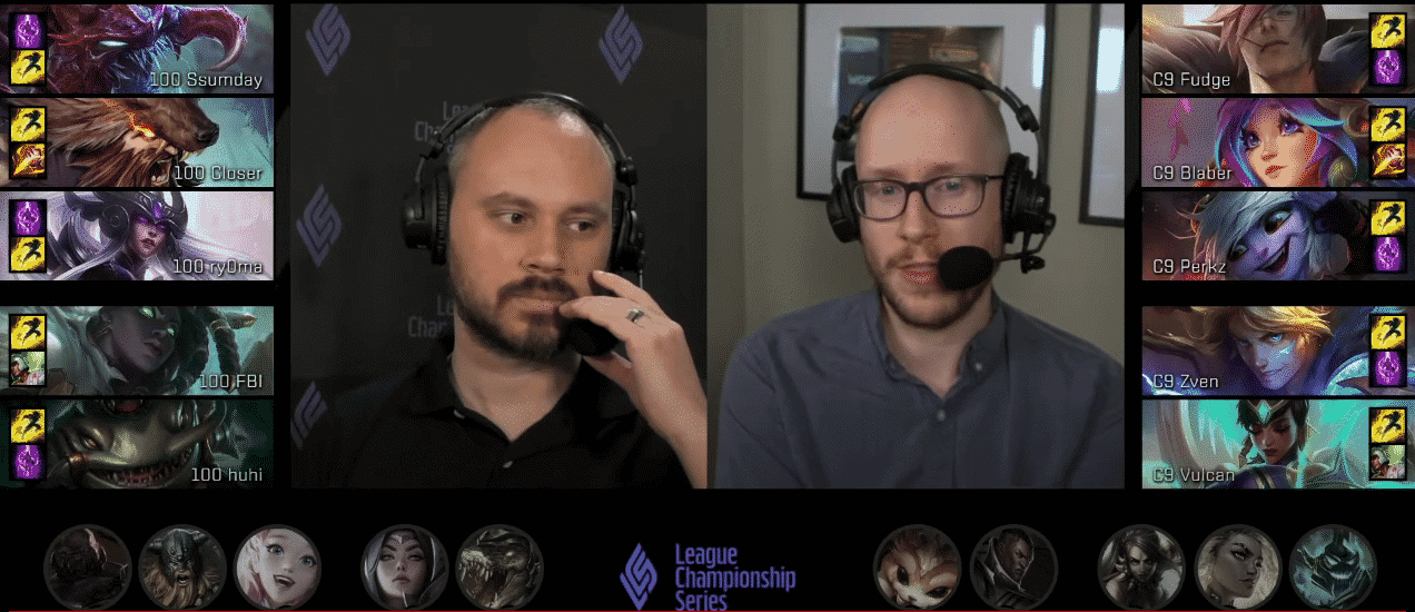 A screenshot of the drafts between Cloud9 and 100 Thieves in Game Three of their series at the Mid Season Showdown. LoL champions are shown selected in the players' respective boxes, along with some in smaller boxes as banned champions on the bottom of the image. Casters Phreak and Azael are in the middle of the drafts.