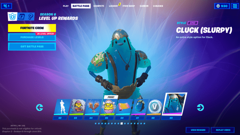 A screenshot from Fortnite on the Battle Pass section with a few different boxes showing different selections. The new Cluck Slurpy skin stands in the middle of the image.