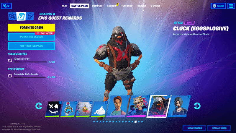 A screenshot from Fortnite on the Battle Pass section with a few different boxes showing different selections. The new Cluck Eggsplosive skin stands in the middle of the image.