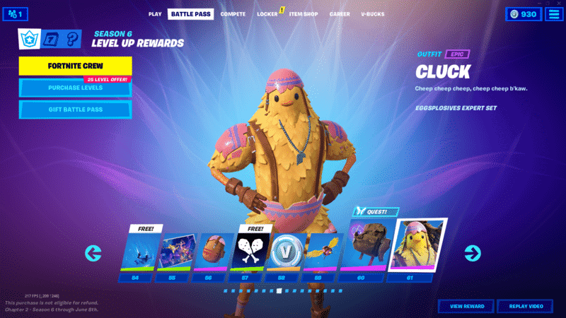A screenshot from Fortnite on the Battle Pass section with a few different boxes showing different selections. The new Cluck skin stands in the middle of the image.