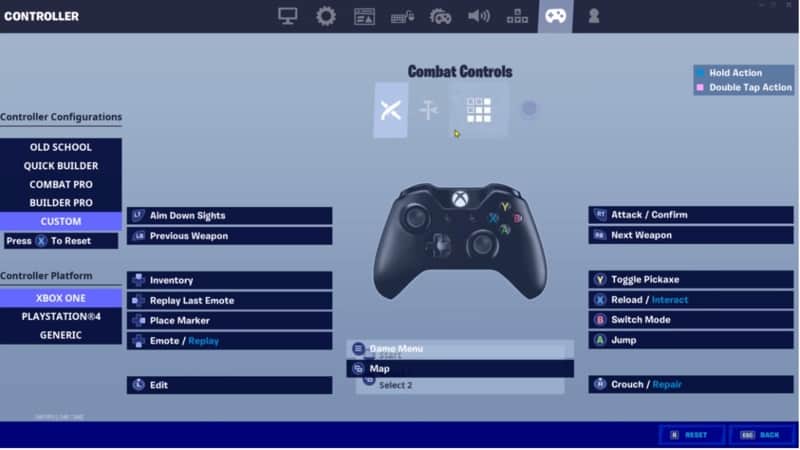 A Fortnite controller setting screen showing a controller in the center and a bunch of boxes for each setting with the preferences for pro player Crr.