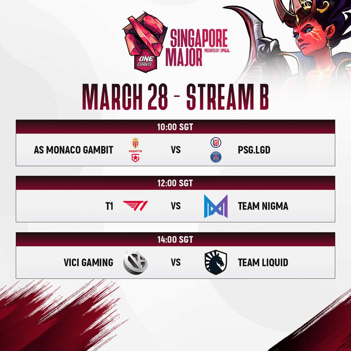 The initial schedule for Stream B on March 28, showing match ups between ASM Gambit and PSG.LGD, T1 and Team Nigma, and Vici Gaming and Team Liquid