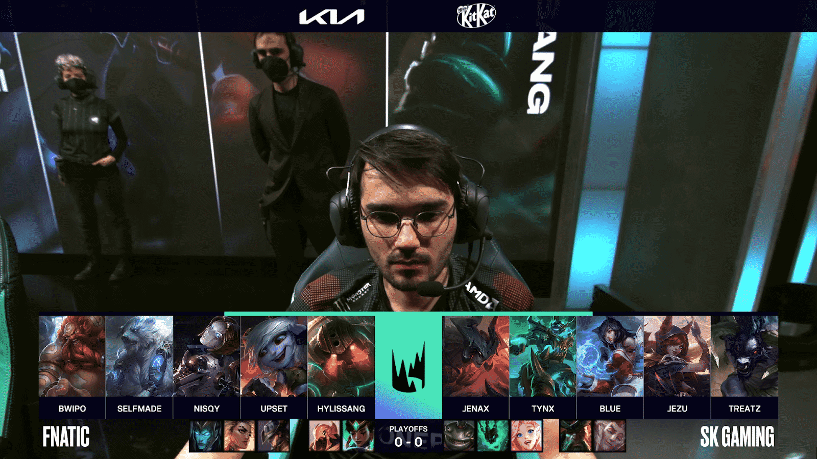 A screenshot of the LEC broadcast for Game One between Fnatic and SK Gaming in the 2021 LEC Spring playoffs. The picked and banned champion drafts appear at the bottom with a shot of Hylissang above.