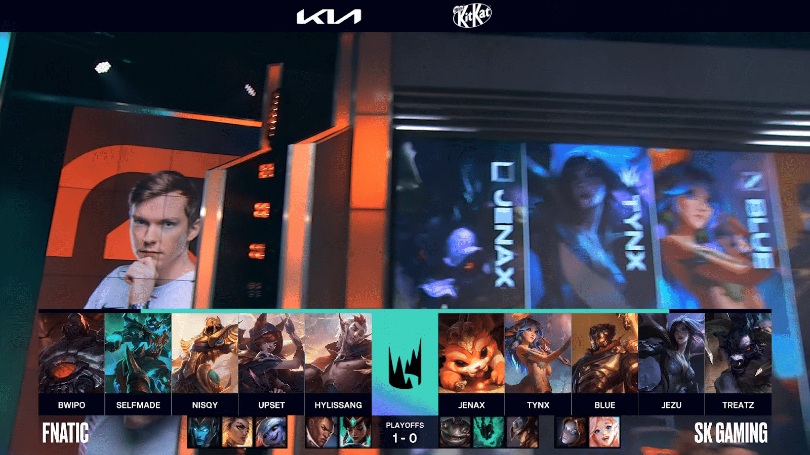 A screenshot of the LEC broadcast for Game Two between Fnatic and SK Gaming in the 2021 LEC Spring playoffs. The picked and banned champion drafts appear at the bottom with a shot of the LEC studio above.