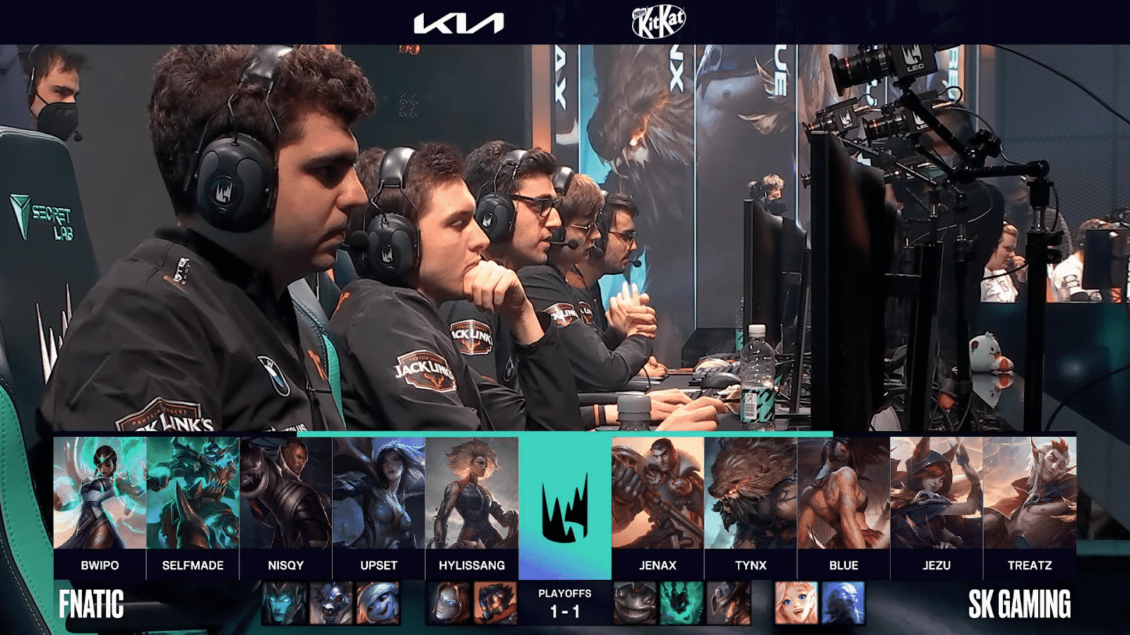 A screenshot of the LEC broadcast for Game Three between Fnatic and SK Gaming in the 2021 LEC Spring playoffs. The picked and banned champion drafts appear at the bottom with a shot of the Fnatic roster above.