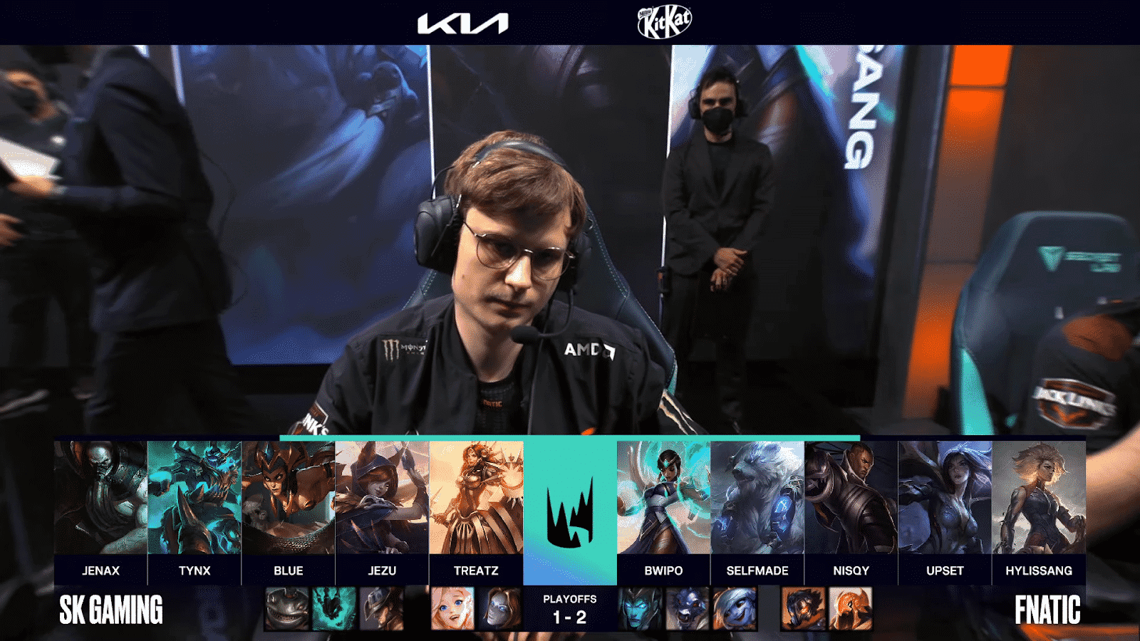 A screenshot of the LEC broadcast for Game Four between Fnatic and SK Gaming in the 2021 LEC Spring playoffs. The picked and banned champion drafts appear at the bottom with a shot of Upset above..