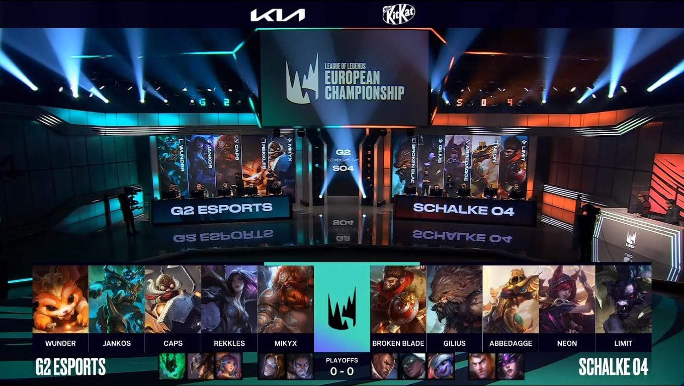 A screenshot from the LEC broadcast for Game One of the playoffs match between G2 Esports and Schalke 04 Esports. The picked and banned champion drafts appear at the bottom of the image with a shot of the LEC studio above.