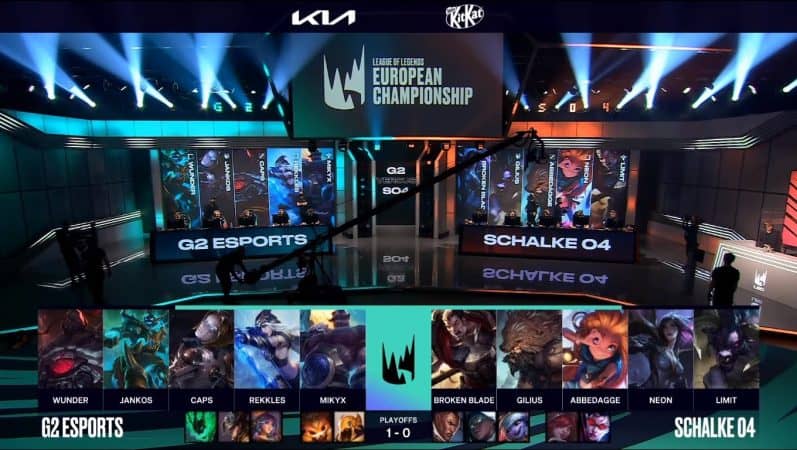 A screenshot from the LEC broadcast for Game Two of the playoffs match between G2 Esports and Schalke 04 Esports. The picked and banned champion drafts appear at the bottom of the image with a shot of the LEC studio above.