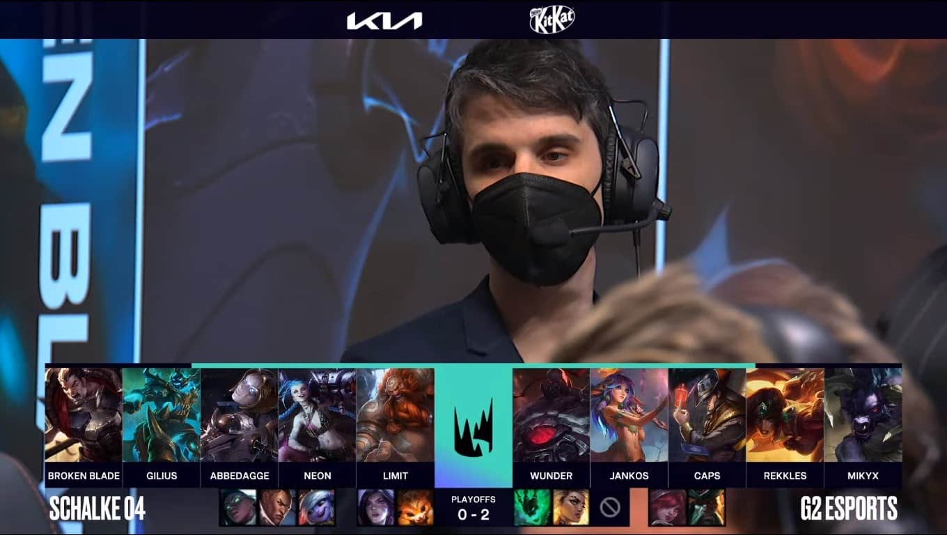 A screenshot from the LEC broadcast for Game Three of the playoffs match between G2 Esports and Schalke 04 Esports. The picked and banned champion drafts appear at the bottom of the image with a shot of coach Falco above.