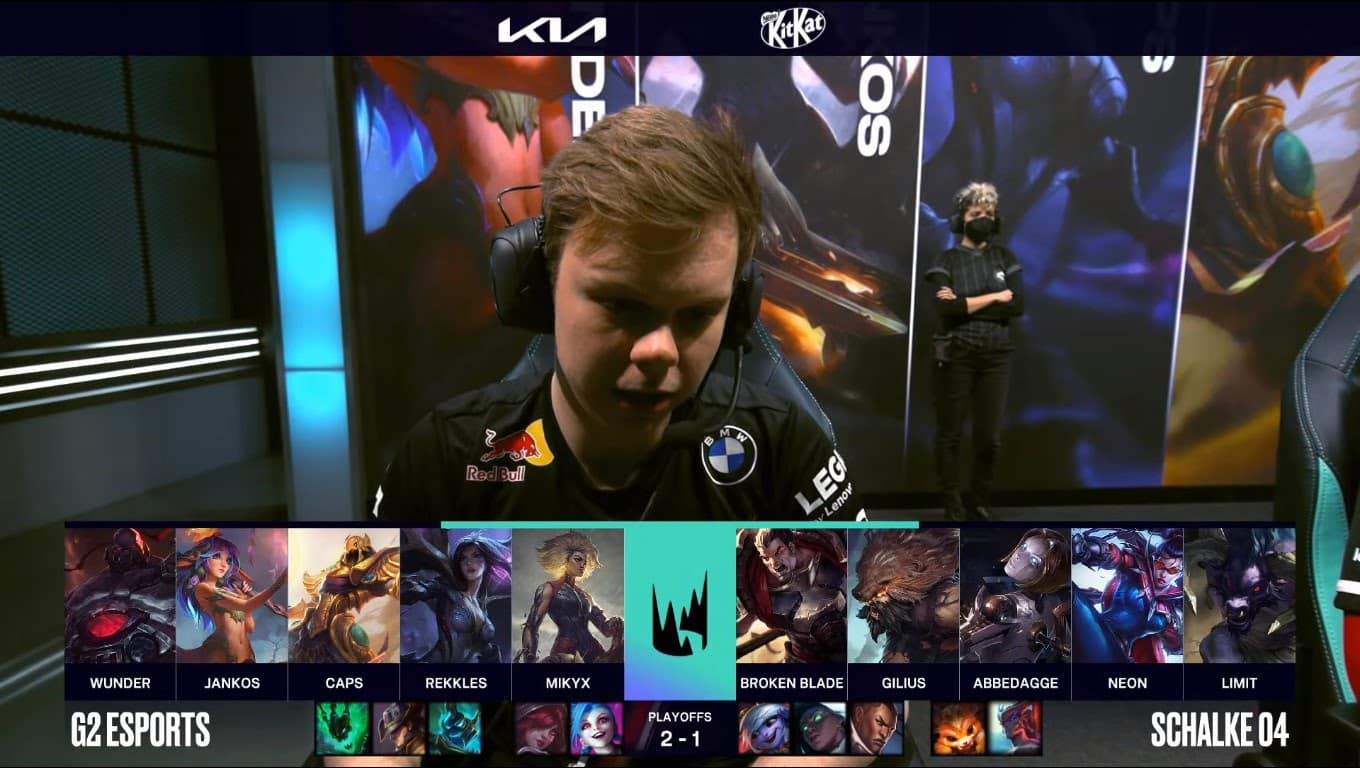 A screenshot from the LEC broadcast for Game Four of the playoffs match between G2 Esports and Schalke 04 Esports. The picked and banned champion drafts appear at the bottom of the image with a shot of G2 Wunder above.