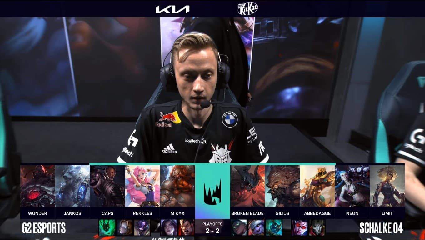 A screenshot from the LEC broadcast for Game Five of the playoffs match between G2 Esports and Schalke 04 Esports. The picked and banned champion drafts appear at the bottom of the image with a shot of G2 Rekkles above.