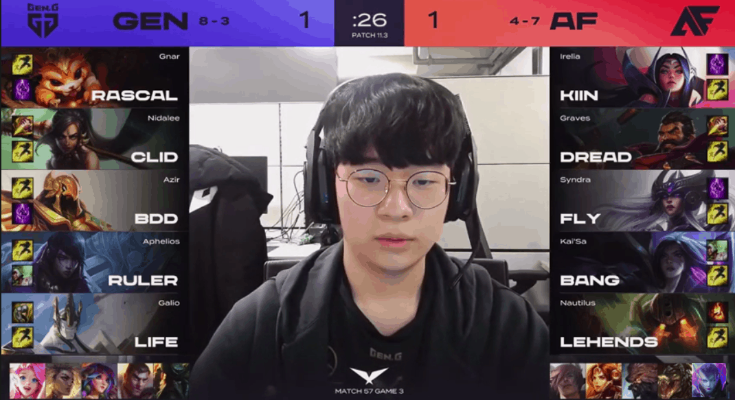 A screenshot from the LCK broadcast showing the drafts of Gen.G vs Afreeca for Game Three with a Gen.G player in the middle of the screen.