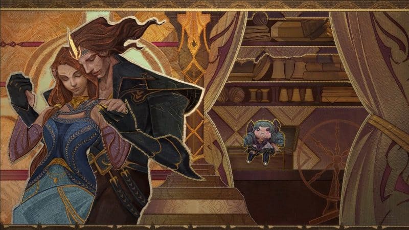 Teaser art for LoL champion Gwen depicts her in a loving embrace with Viego, and a sewn doll on the bed behind them.