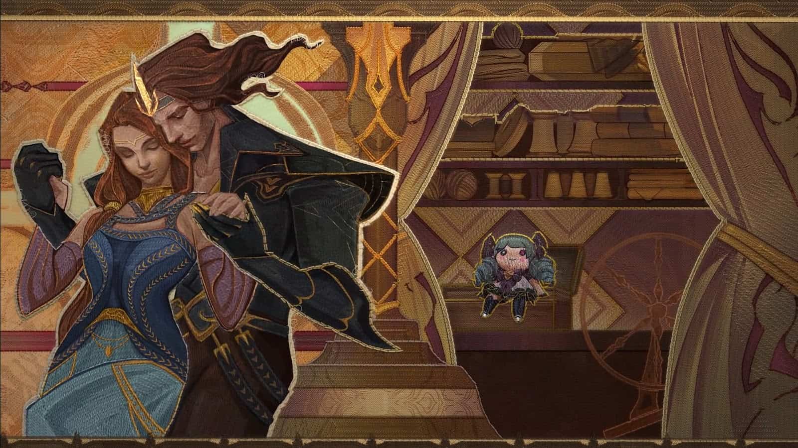 Teaser art for LoL champion Gwen depicts her in a loving embrace with Viego, and a sewn doll on the bed behind them.