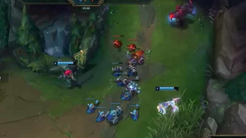 A screenshot from League of Legends showing two player hard shoving a large blue minion wave into the enemy tower in the bottom lane.