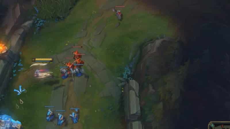 A screenshot from League of Legends showing a player playing Irelia in the top lane with a frozen minion wave.