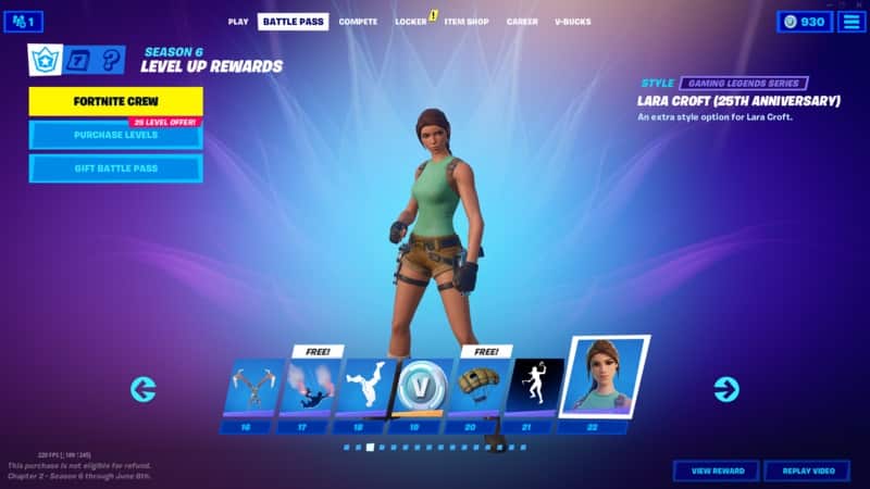 A screenshot from Fortnite on the Battle Pass section with a few different boxes showing different selections. The new Lara Croft 25th Anniversary skin stands in the middle of the image.