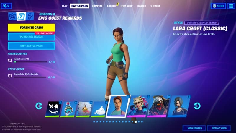 A screenshot from Fortnite on the Battle Pass section with a few different boxes showing different selections. The new Lara Croft Classic skin stands in the middle of the image.