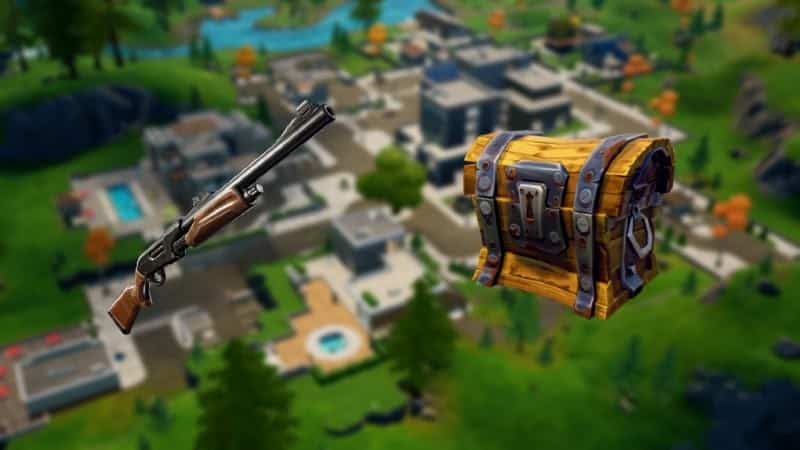 The Lazy Lake location in Fortnite is faded as the background with a shotgun and loot chest in the foreground.