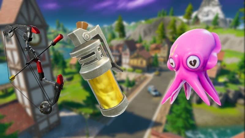 The Misty Meadows location from Fortnite is blurry as the background with a yellow grenade and pink squid in the foreground.