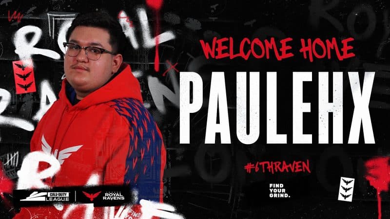 Pro Call of Duty player Paul “PaulEhx” Avila stands with his back to the words "Welcome Home PaulEHX #6thRaven". Some red and white graffiti designs mark the area behind him. The Call of Duty League and London Royal Ravens logos appear in the corner.