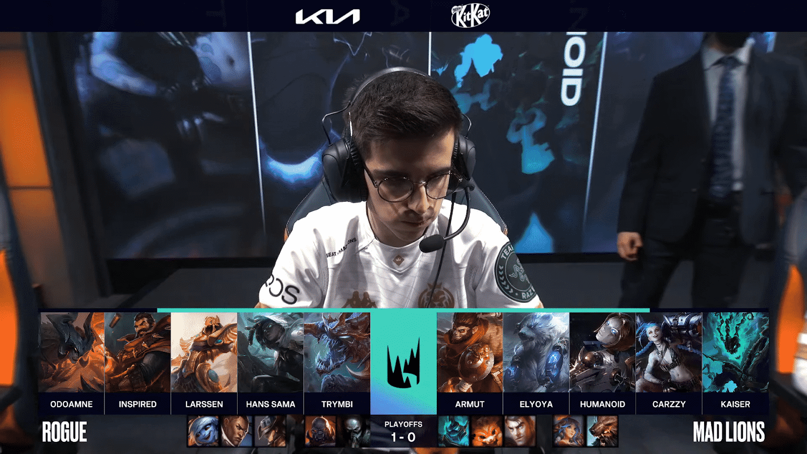 A screenshot from the LEC broadcast for Game Two of the playoffs match between Rogue and MAD Lions. The picked and banned champion drafts appear at the bottom of the image with a shot of MAD Lions' Elyoya above.