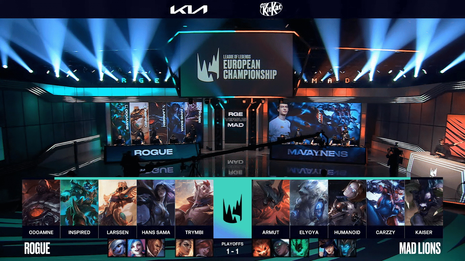 A screenshot from the LEC broadcast for Game Three of the playoffs match between Rogue and MAD Lions. The picked and banned champion drafts appear at the bottom of the image with a shot of the LEC studio above.