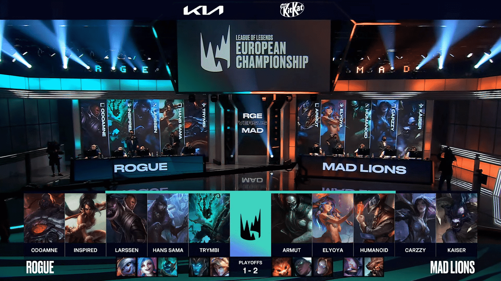 A screenshot from the LEC broadcast for Game Four of the playoffs match between Rogue and MAD Lions. The picked and banned champion drafts appear at the bottom of the image with a shot of the LEC studio above.