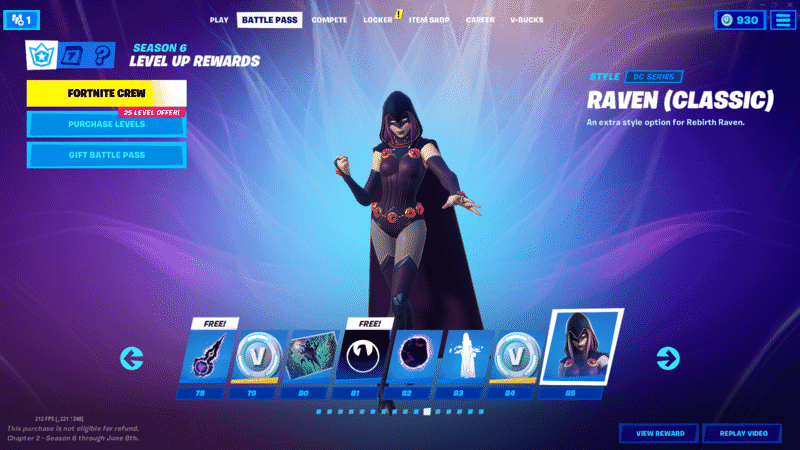 A screenshot from Fortnite on the Battle Pass section with a few different boxes showing different selections. The new Classic Raven skin stands in the middle of the image.