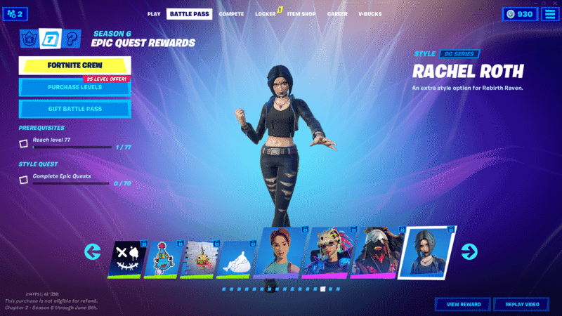 A screenshot from Fortnite on the Battle Pass section with a few different boxes showing different selections. The new Rachel Roth Raven skin stands in the middle of the image.