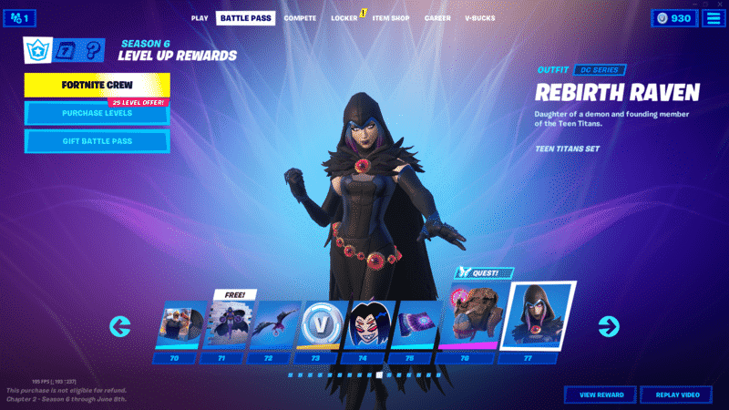 A screenshot from Fortnite on the Battle Pass section with a few different boxes showing different selections. The new Rebirth Raven skin stands in the middle of the image.