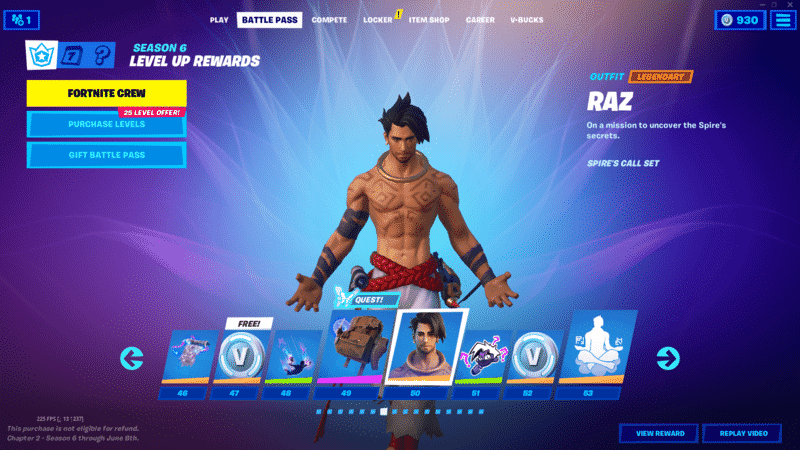 A screenshot from Fortnite on the Battle Pass section with a few different boxes showing different selections. The new Raz skin stands in the middle of the image.