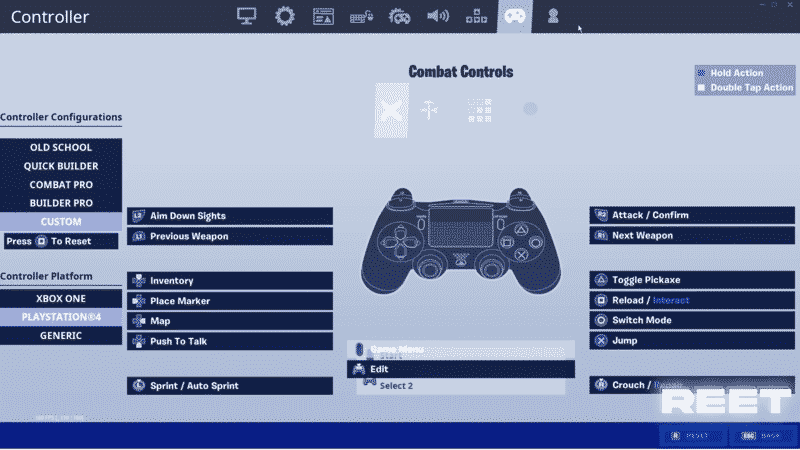 A Fortnite controller setting screen showing a controller in the center and a bunch of boxes for each setting with the preferences for pro player Reet.