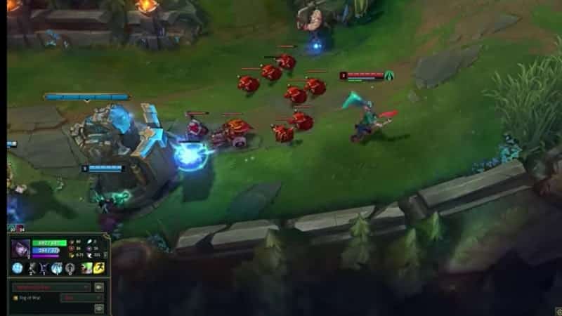 A screenshot from League of Legends showing an Aphelios crashing a large red minion wave into the enemy tower and backing away.