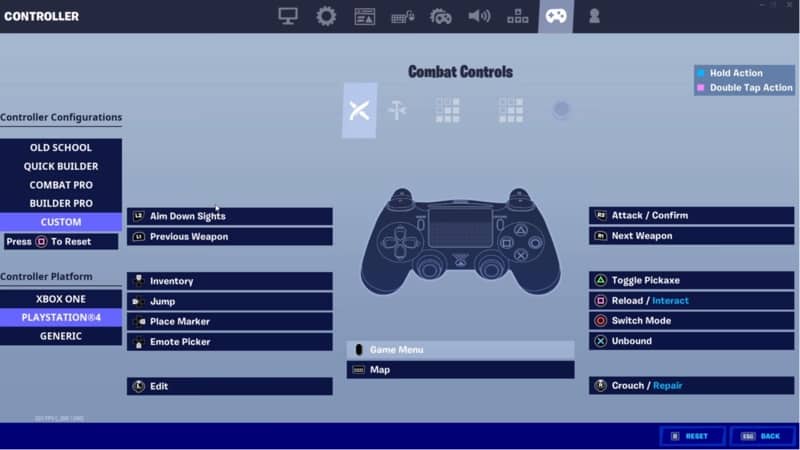 A Fortnite controller setting screen showing a controller in the center and a bunch of boxes for each setting with the preferences for pro player Scoped.